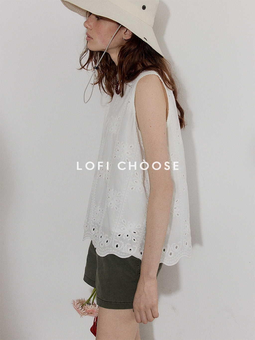 Lofi choose Breathable Pure Cotton Embroidered Loose Fit Commuter Women White Tank Tops