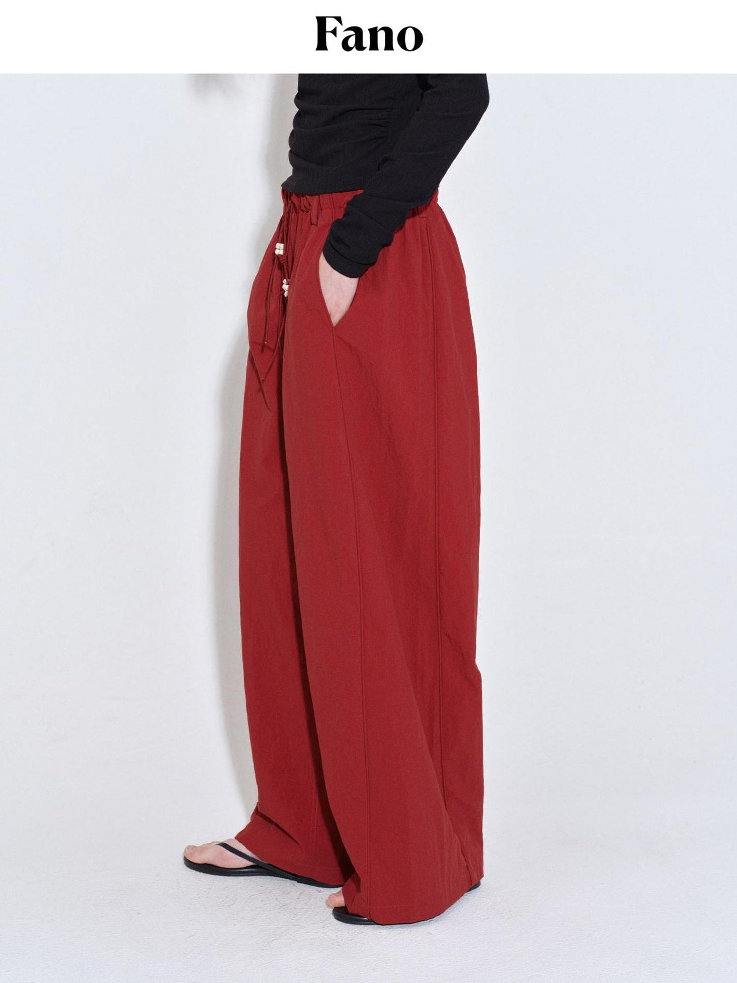 fano High Waist Elastic Minimal Korean Workwear Wide Leg Nylon Red Straight Pants