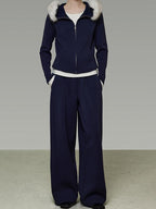 unspoken Warm Slim Fit Zip Hooded Cardigan High Waist Commuter Polyester Navy Lounge Sets