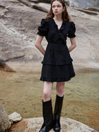fano High Waist Tie A Line Cotton V-neck Puff Sleeves Casual Work Women Midi Dresses
