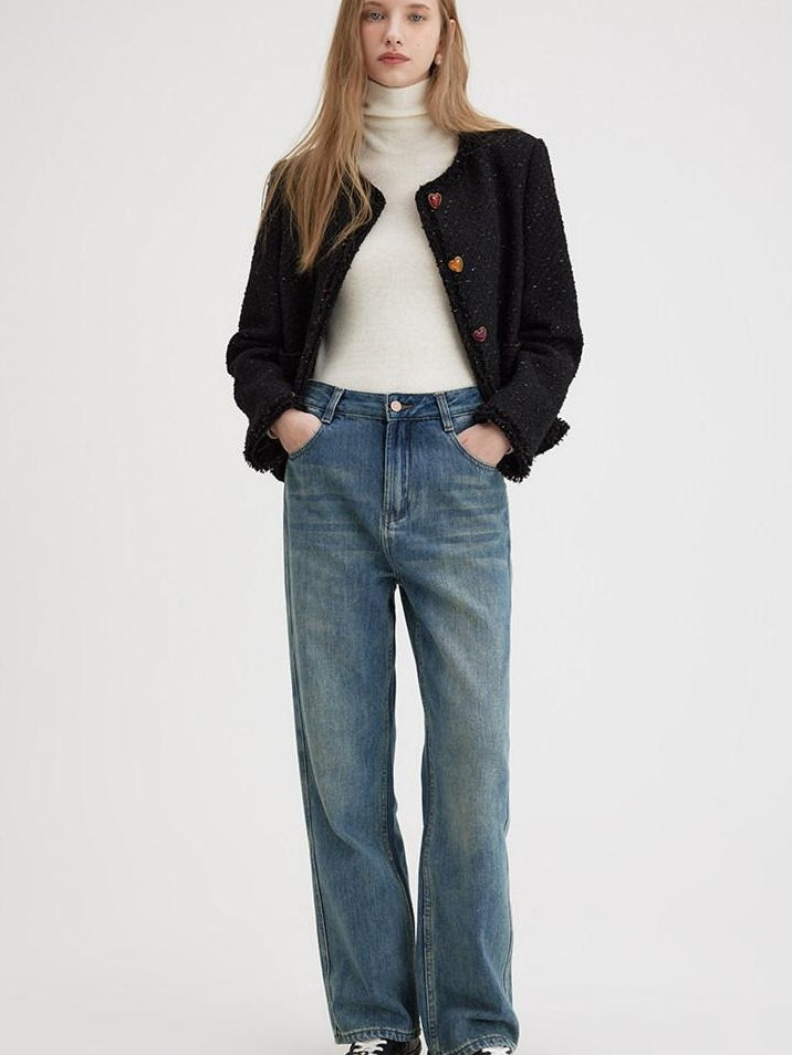 fano High Waist Washed Clean Straight Rigid Denim Blue Straight Leg Jeans