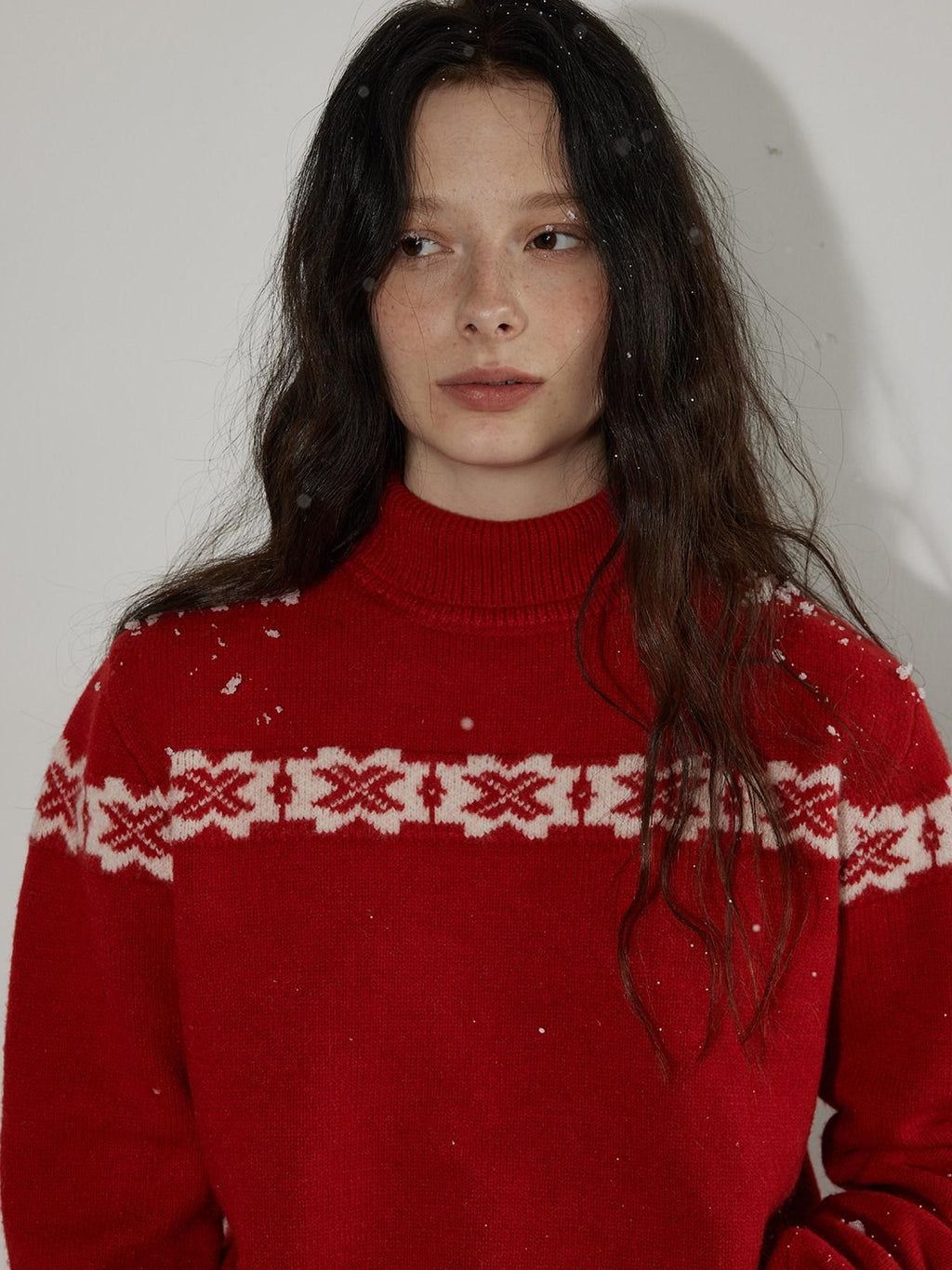 Lofi choose Cozy Wool Knit Office Loose Fit Mock Neck Long Sleeve Red Sweaters