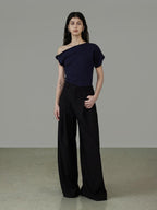 unspoken 3D Detail Slim Fit Minimal Commuter Asymmetric Neck Navy Off Shoulder Crop Tops