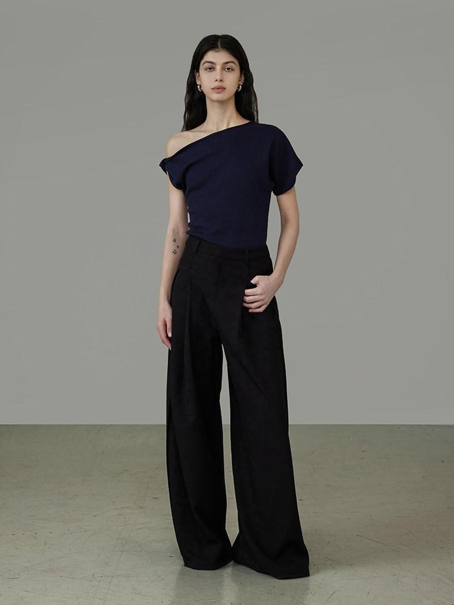 unspoken 3D Detail Slim Fit Minimal Commuter Asymmetric Neck Navy Off Shoulder Crop Tops