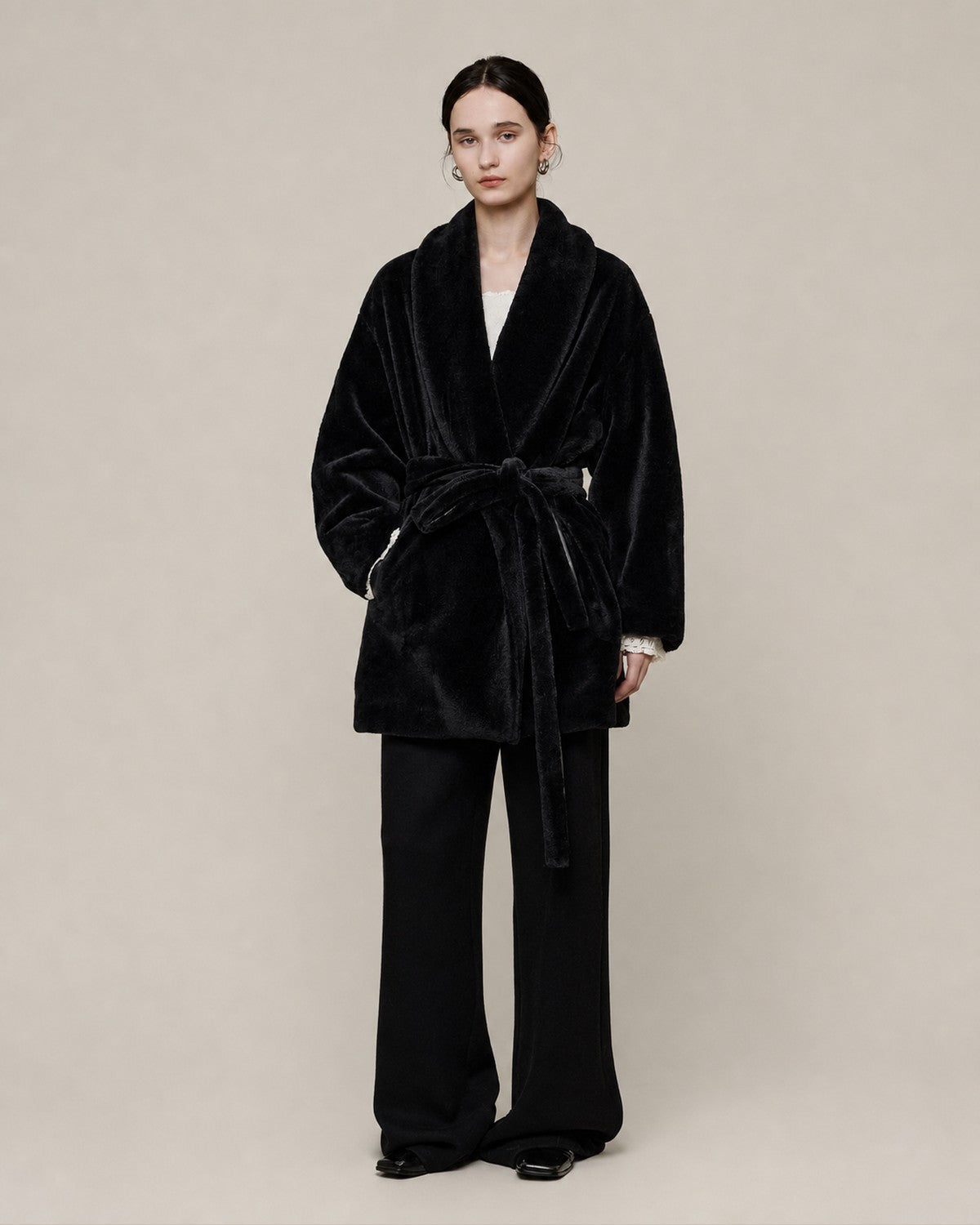Gotodays Warm V-neck Minimal Commuter Loose Midlength Women Everyday Black Long Coats