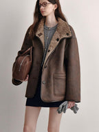 fano Reversible Vintage Straight Stand Collar Women Coffee Brown Short Coat