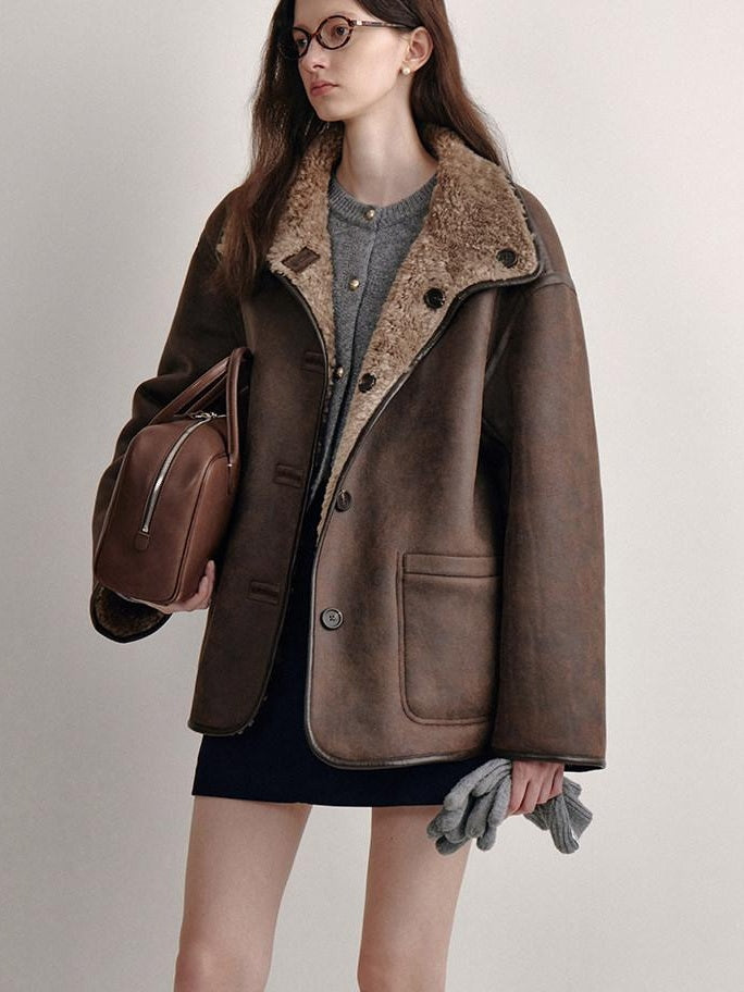 fano Reversible Vintage Straight Stand Collar Women Coffee Brown Short Coat