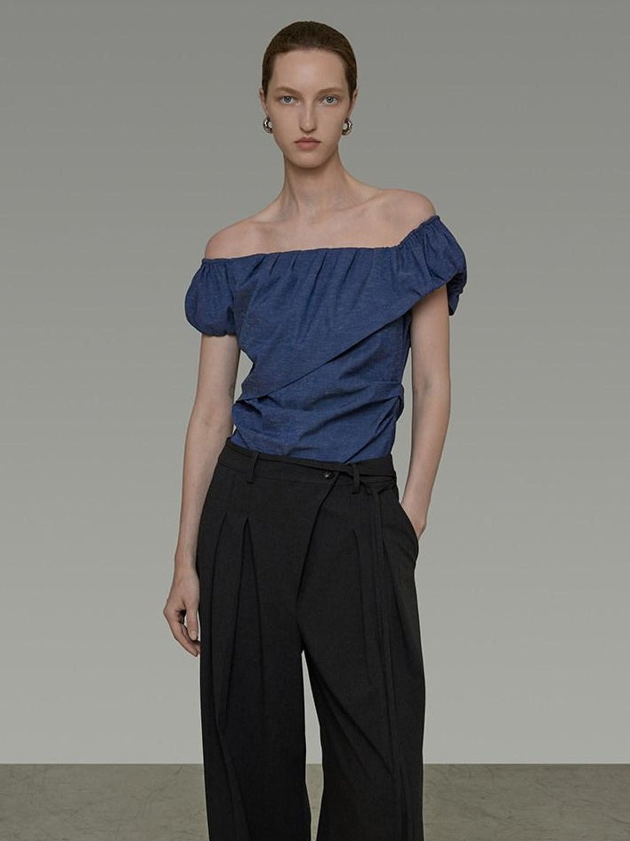 unspoken Wrinkle Resistant Minimalist Slim Asymmetrical Boat Neck Women Blue Blouses