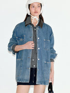 fano Patchwork Washed Blue Loose Fit Casual Cotton Women Button Front Denim Jackets