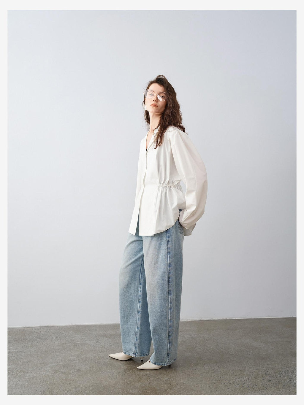 audreyyang Durable Viscose Slim Waist Casual Lapel Button Long Sleeve Blouses