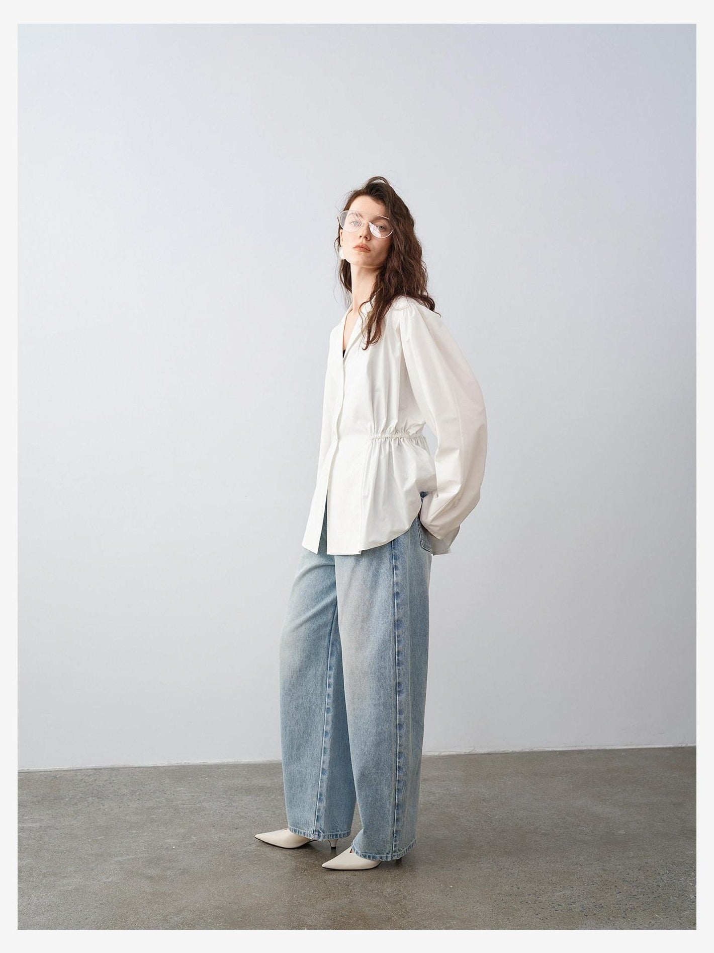 audreyyang Durable Viscose Slim Waist Casual Lapel Button Long Sleeve Blouses