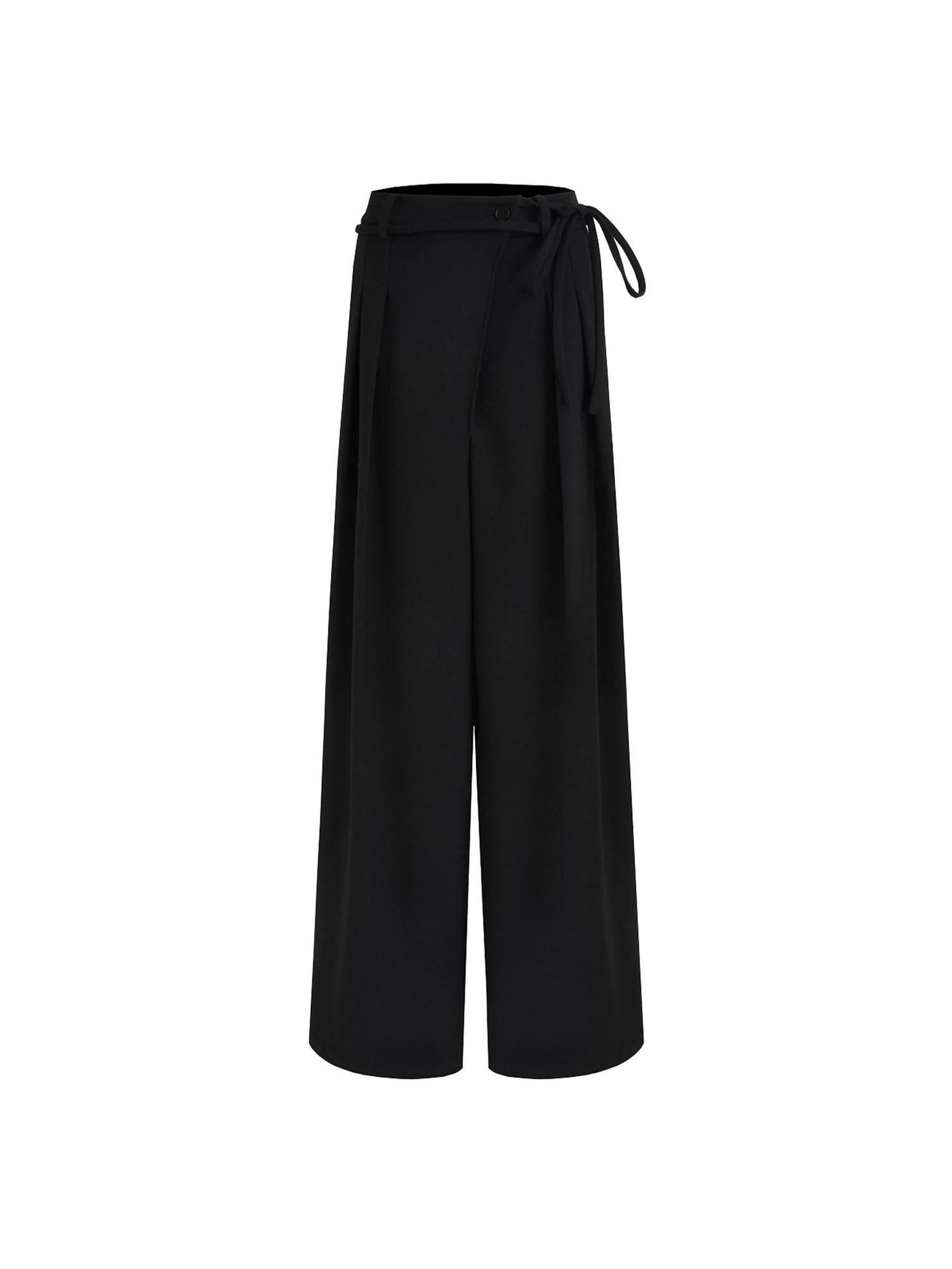 unspoken High Waist Tie Detail Minimalist Breathable Office Black Polyester Wide Leg Pants