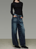 unspoken Washed High Waist Durable Workwear Vintage Blue Button Fly Rigid Wide Leg Jeans