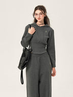 ikyou Ribbed Grey Cropped Hood Pullover Commuter Polyester Women Top & Pants Sets