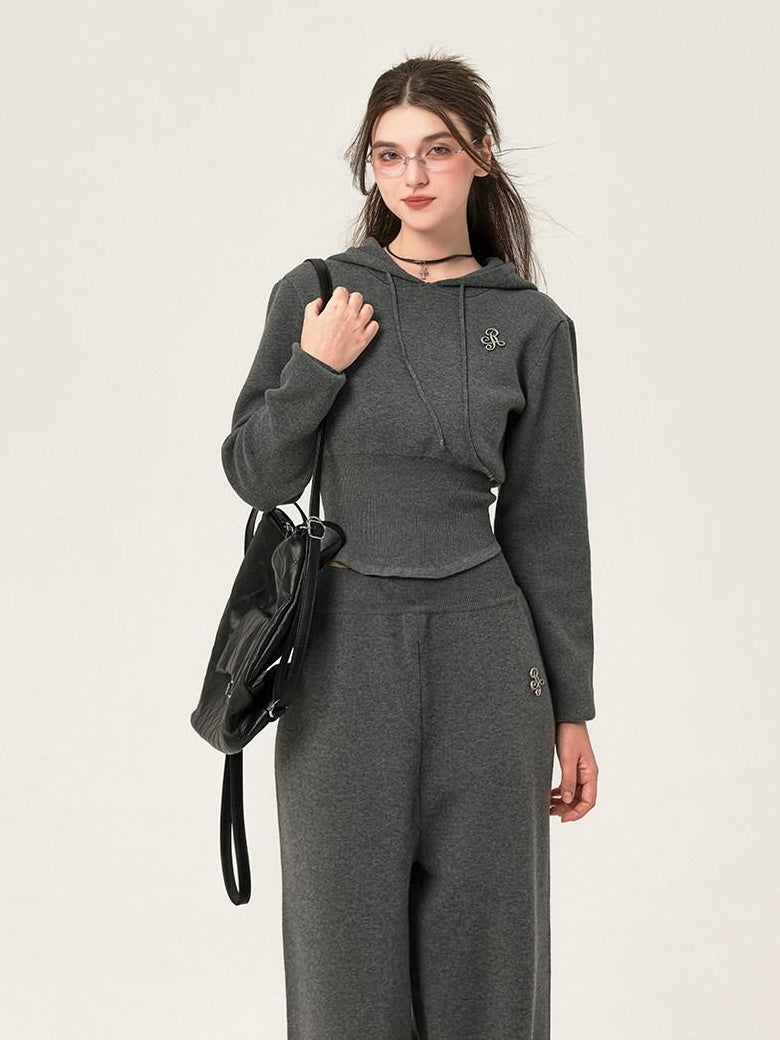 ikyou Ribbed Grey Cropped Hood Pullover Commuter Polyester Women Top & Pants Sets