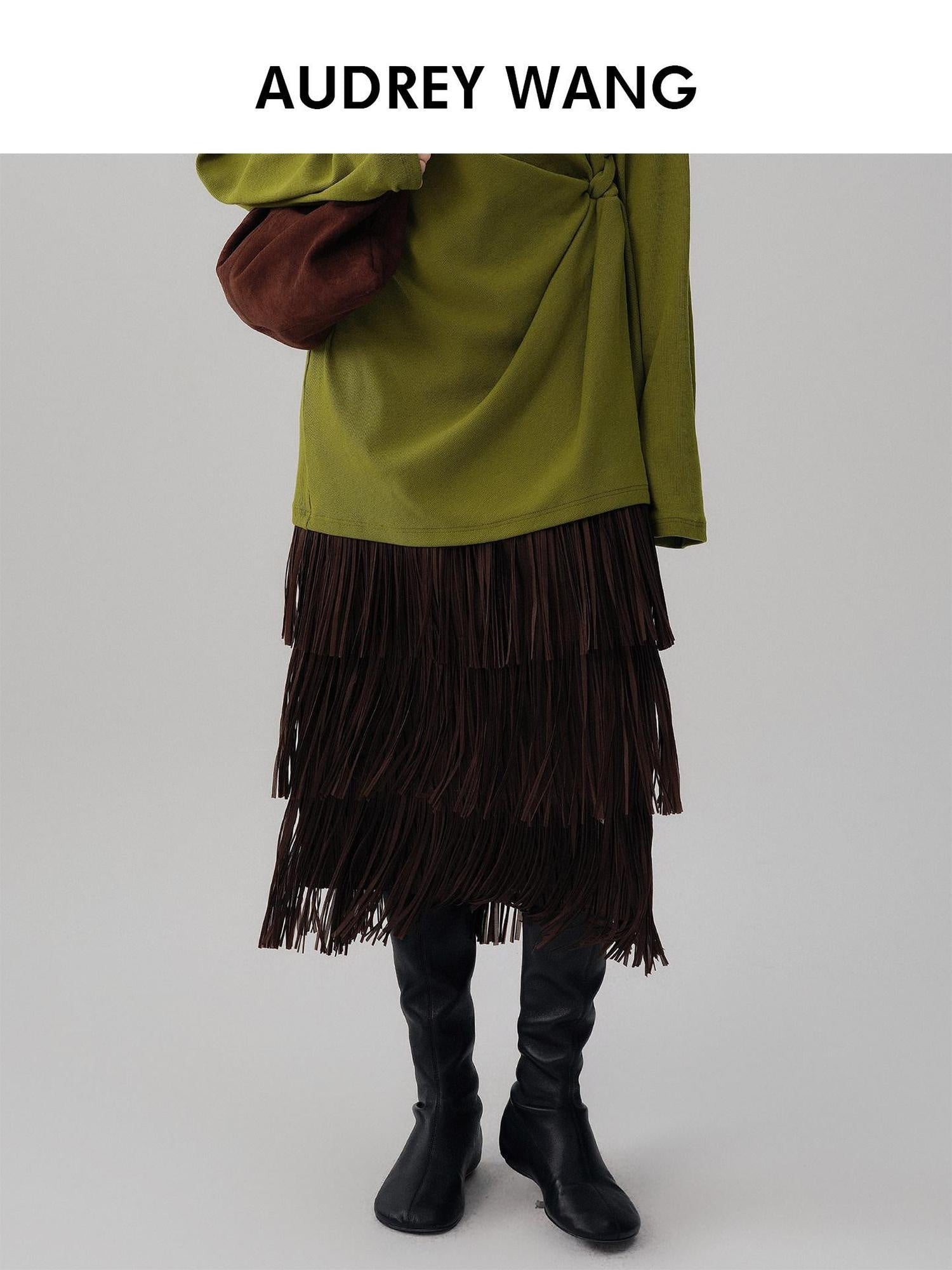 audreyyang Hand Pleated Tiered Fringe Mid Waist Casual Women Polyester Midi Skirts