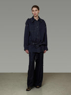 unspoken Vintage Loose Fit Irregular Pocket Detail Women Navy Polyester Trench Coats