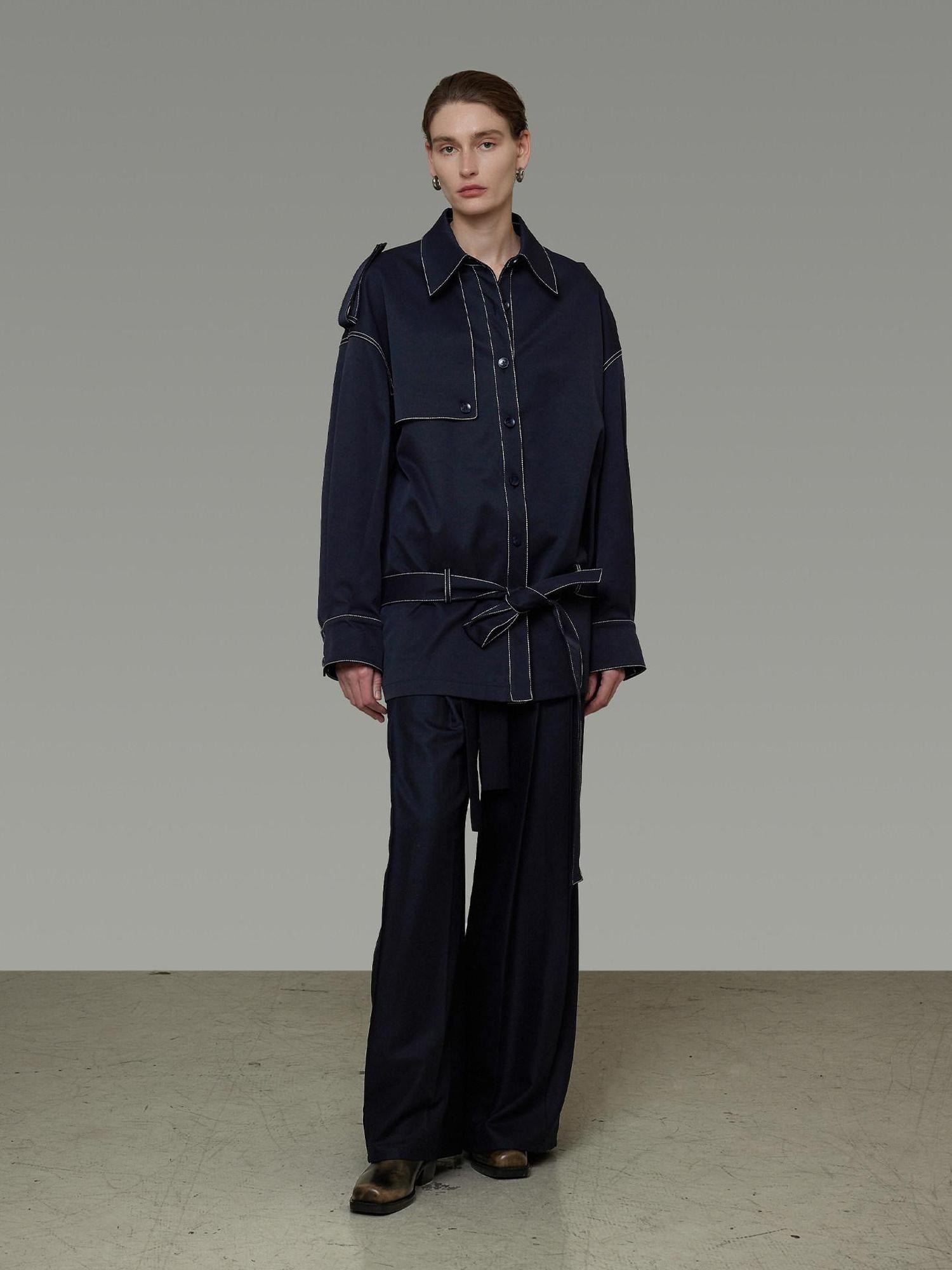 unspoken Vintage Loose Fit Irregular Pocket Detail Women Navy Polyester Trench Coats