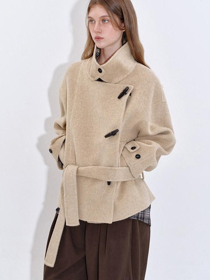fano Wool Blend Korean Commuter Relaxed Fit Notched Collar Light Grey Short Coat