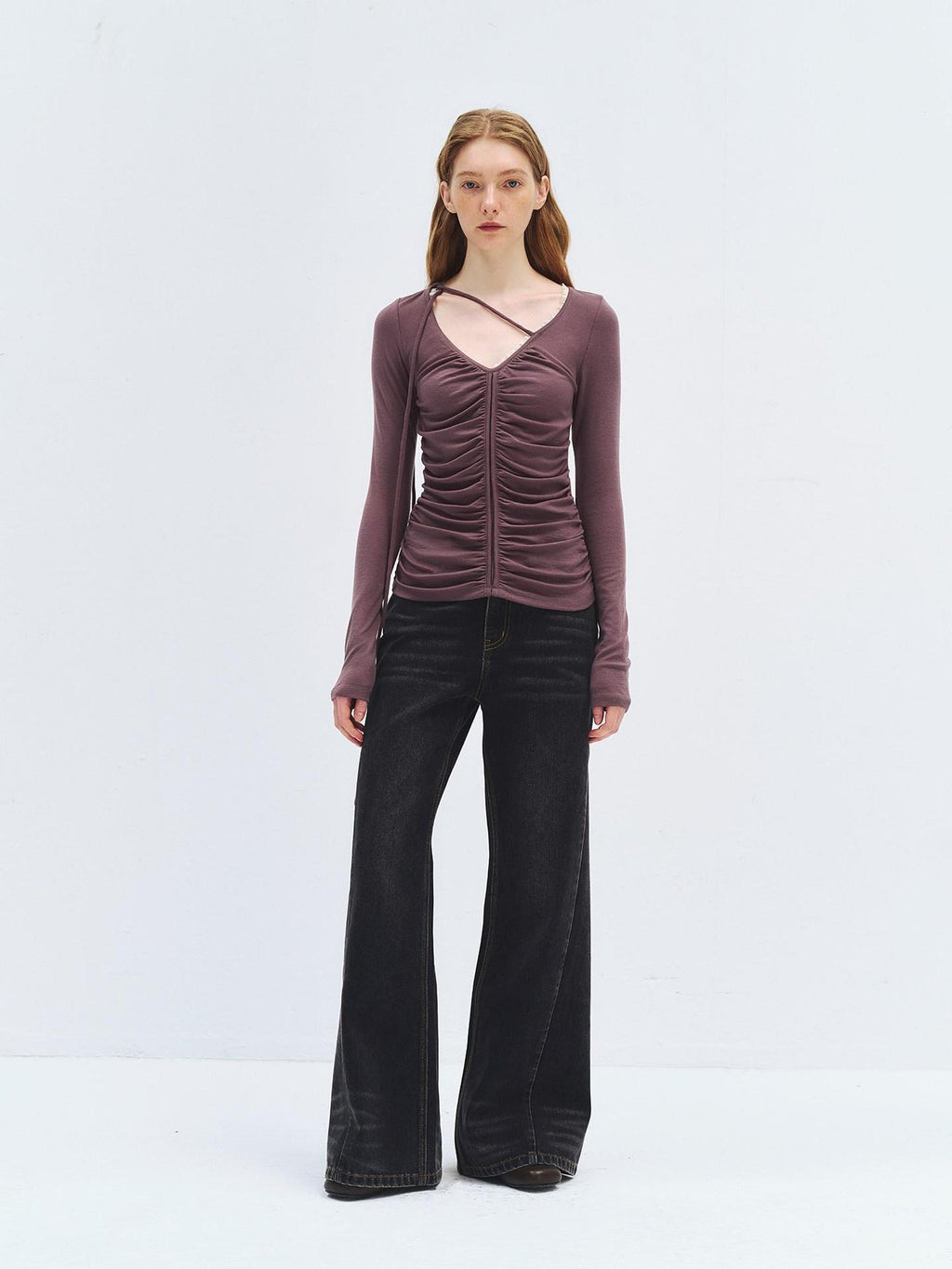 someonesometimes Lyocell Wool Slim Fit V-neck Knit Women Fig Purple Long Sleeve T-Shirts