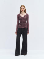 someonesometimes Lyocell Wool Slim Fit V-neck Knit Women Fig Purple Long Sleeve T-Shirts