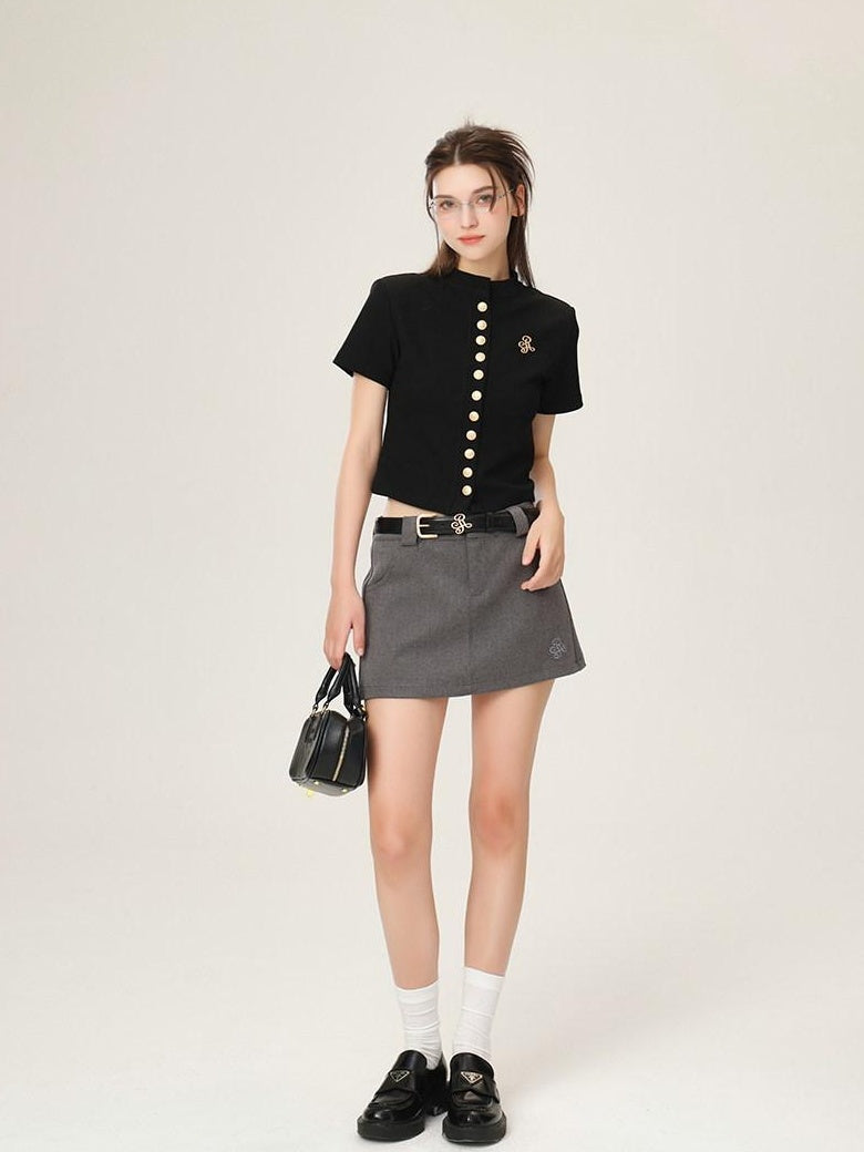 ikyou 3D Embellished Minimal Slim Short Sleeve Stand Collar Black Knit Women Cardigans