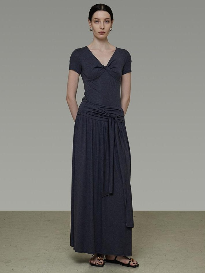 unspoken Lyocell Blend V-neck Slim Fit Minimal Workwear Women Solid Color Maxi Dresses