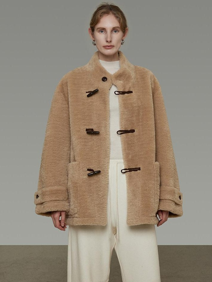 unspoken Warm Fur Lined Oversized Stand Collar Khaki Women Short Coat