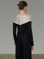 unspoken Elegant Slim Fit Knitted Contrast Bow Off Shoulder Long Sleeve Women Blouses