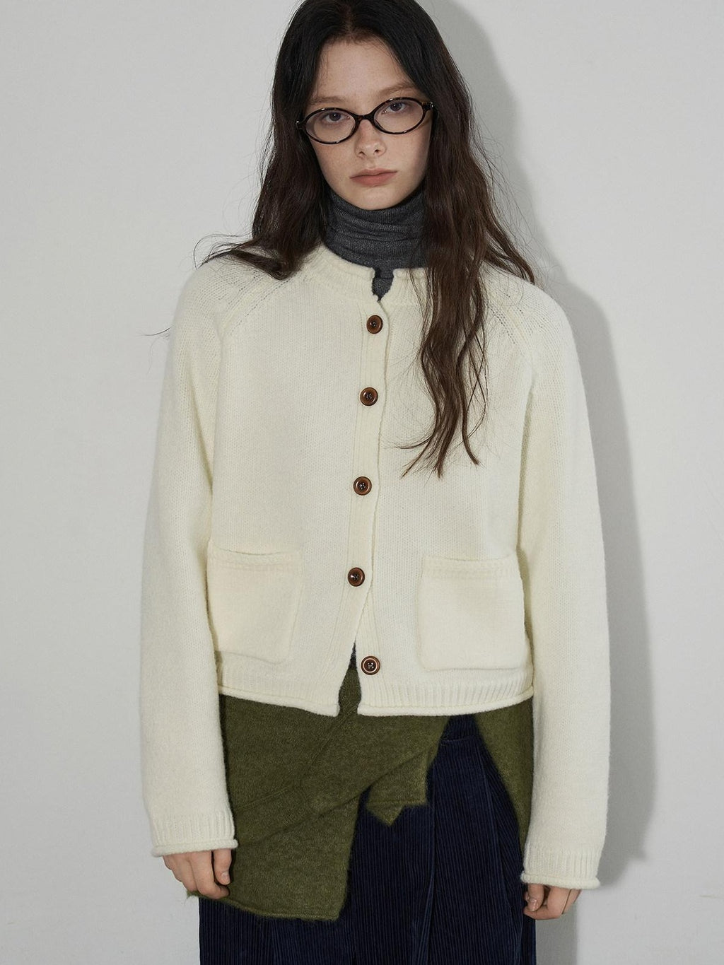 Lofi choose Soft Thick Loose Solid Knit Button Crewneck Long Sleeve Office Women Cardigans