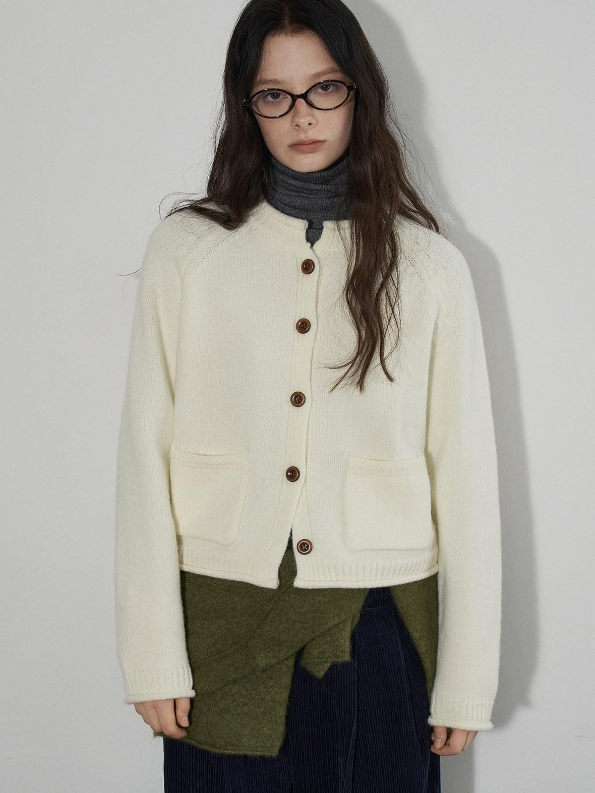 Lofi choose Soft Thick Loose Solid Knit Button Crewneck Long Sleeve Office Women Cardigans