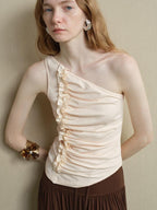 someone sometimes Soft Viscose Blend Slim Fit One Shoulder Beige Stretch Ruching Tank Tops