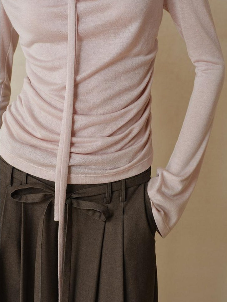 someonesometimes Lyocell Blend Slim Ruched Bell Sleeve Mauve Drape Neck Long Sleeve T-Shirts