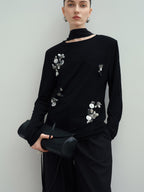 audreyyang Slim Minimal Office Crew Neck Long Sleeve Acetate Blend Black Cropped Jackets