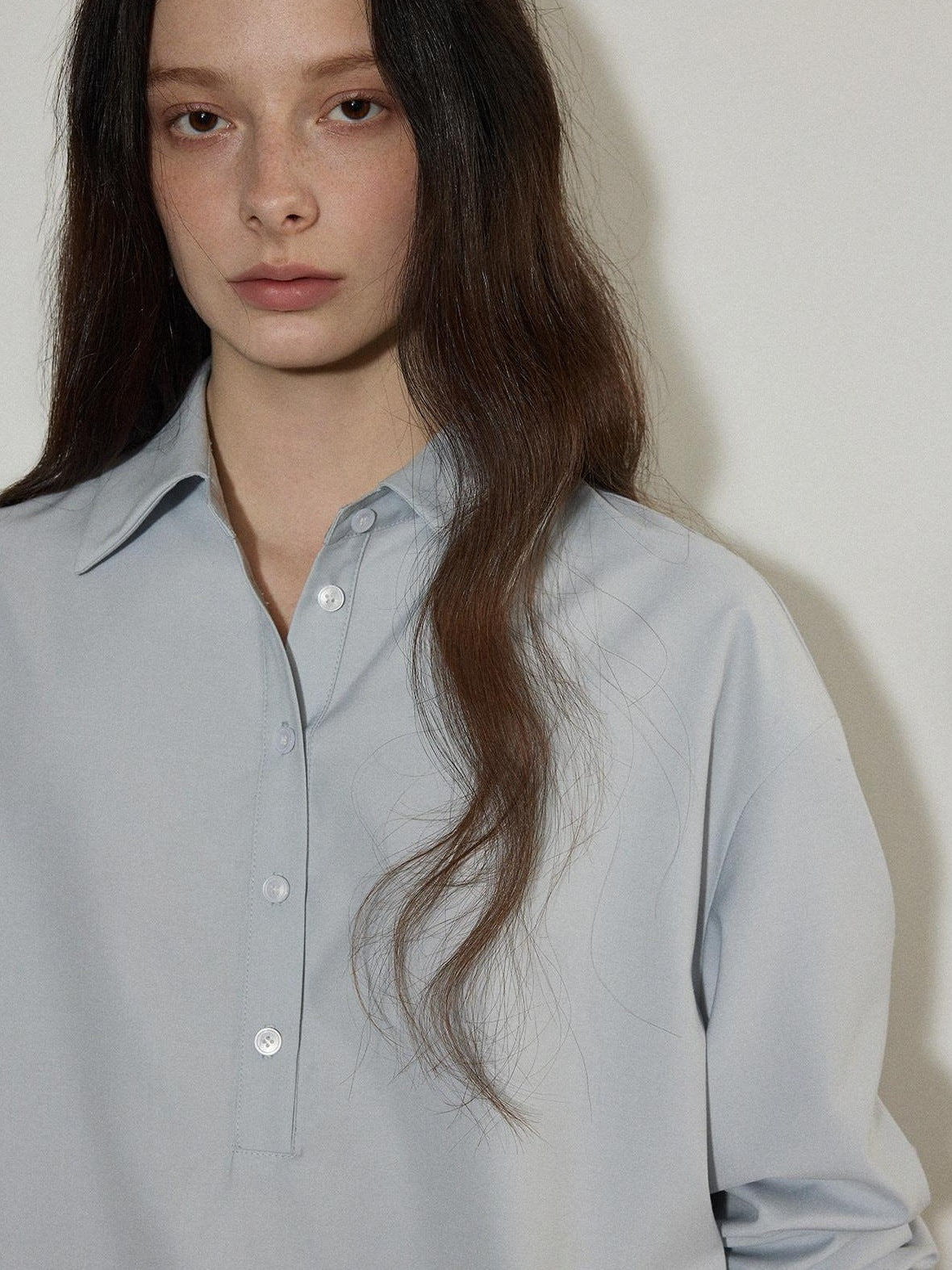Lofi choose Embroidered Loose Drop Shoulder Collared Workwear For Women Polyester Blouses