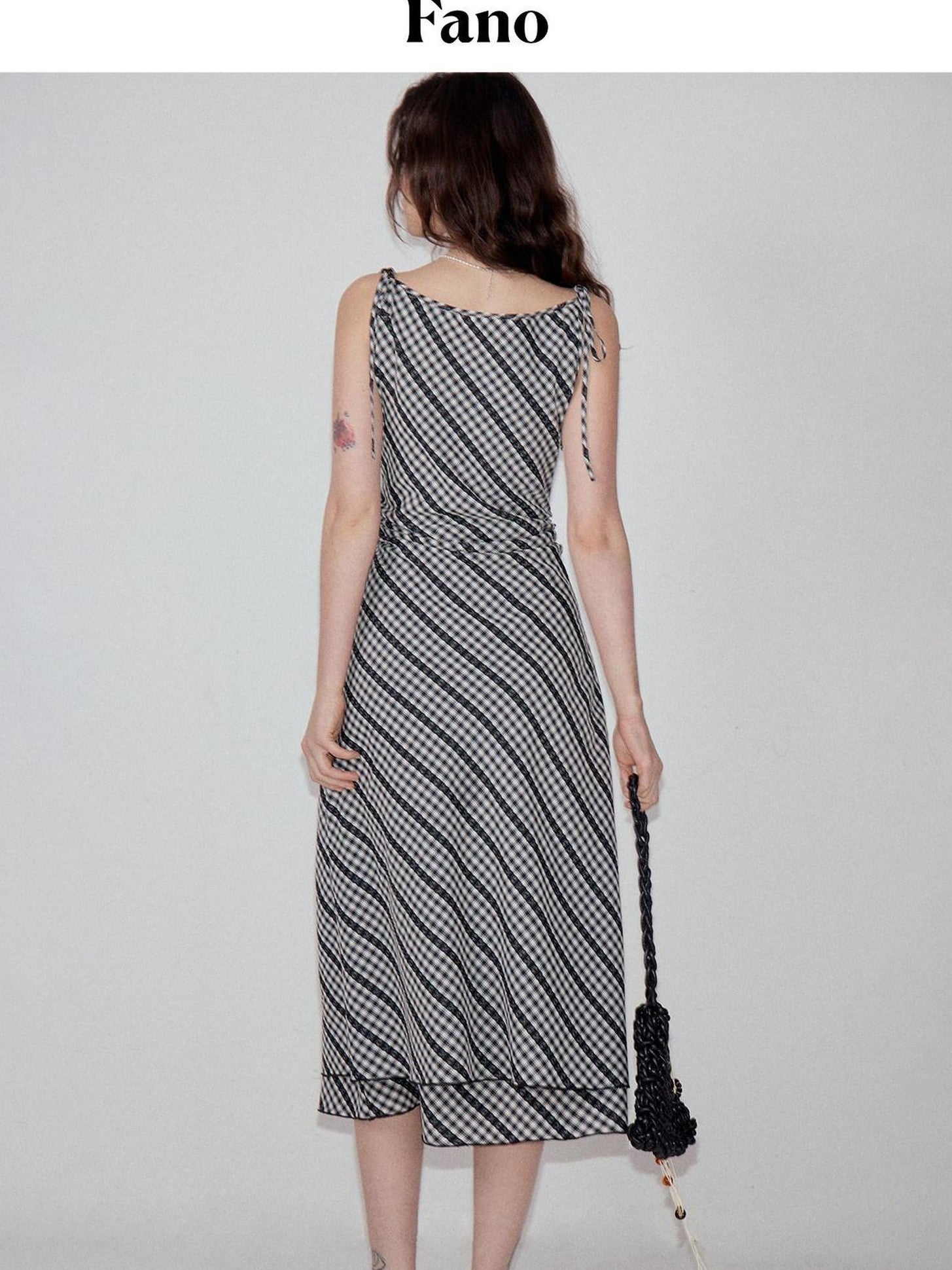 fano Plaid Waist Defining Korean Office A Line Round Neck Casual Women Maxi Dresses