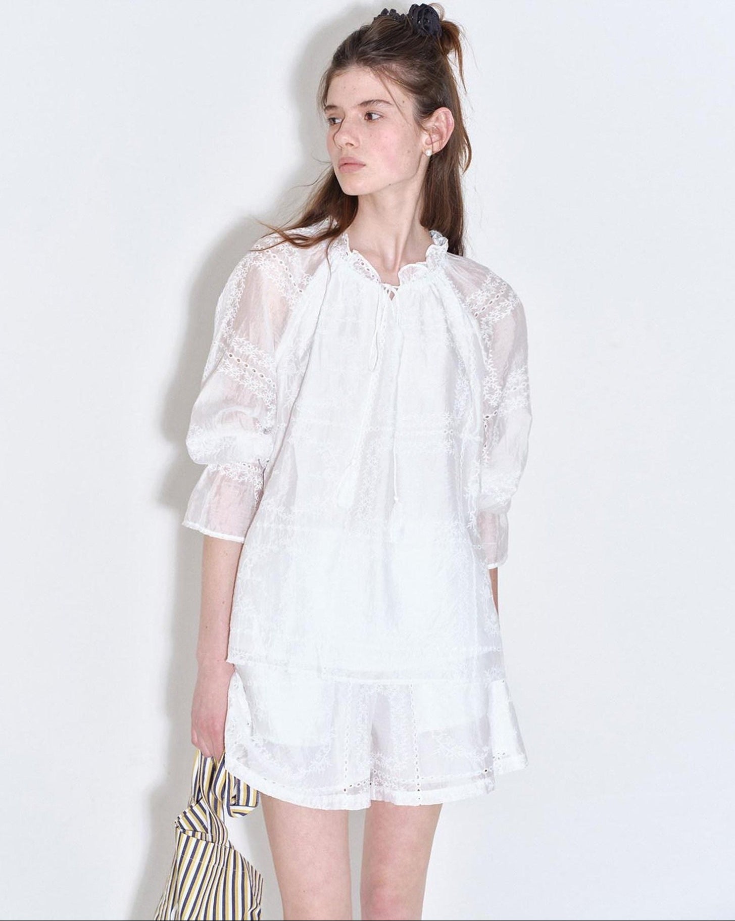 fano Breathable Lyocell Relaxed Three Quarter Sleeve White Lounge Top & Shorts Sets