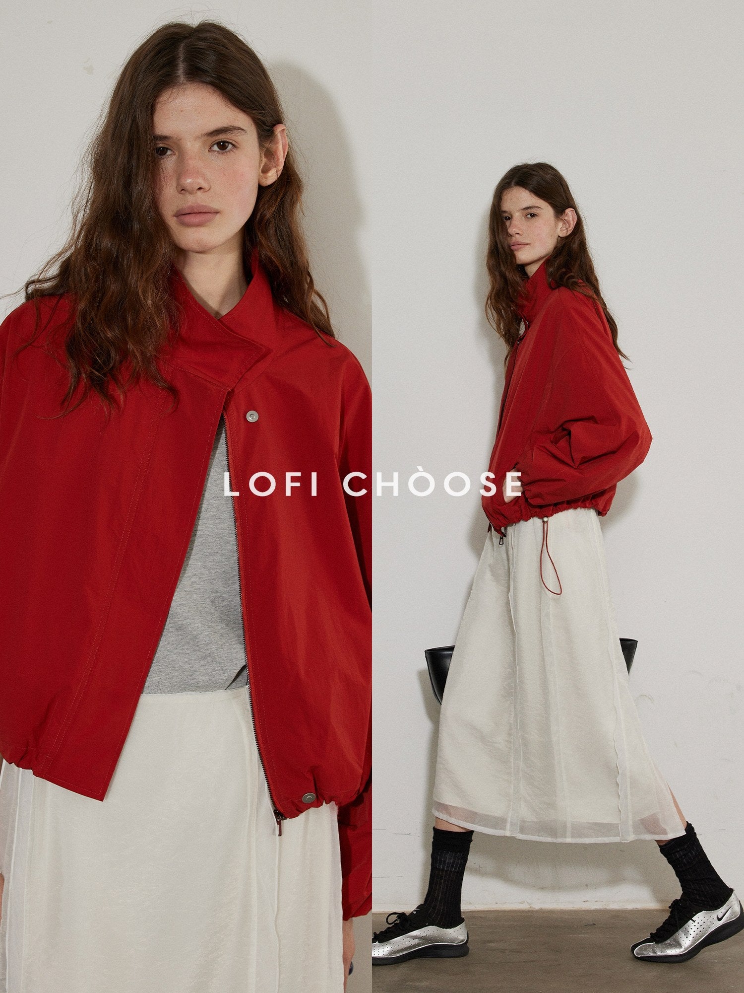 Lofi choose Breathable Drawstring Hem Loose Fit Stand Collar Women Zip Cropped Jackets