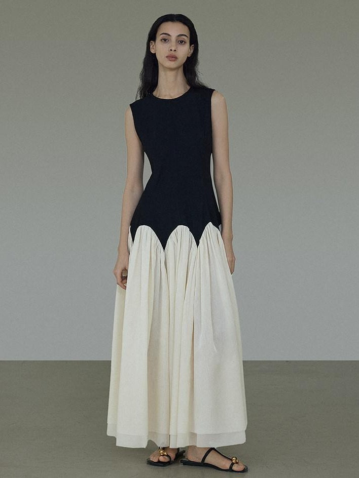 unspoken High Waist Colorblock A Line Sleeveless Minimalist Workwear Viscose Maxi Dresses