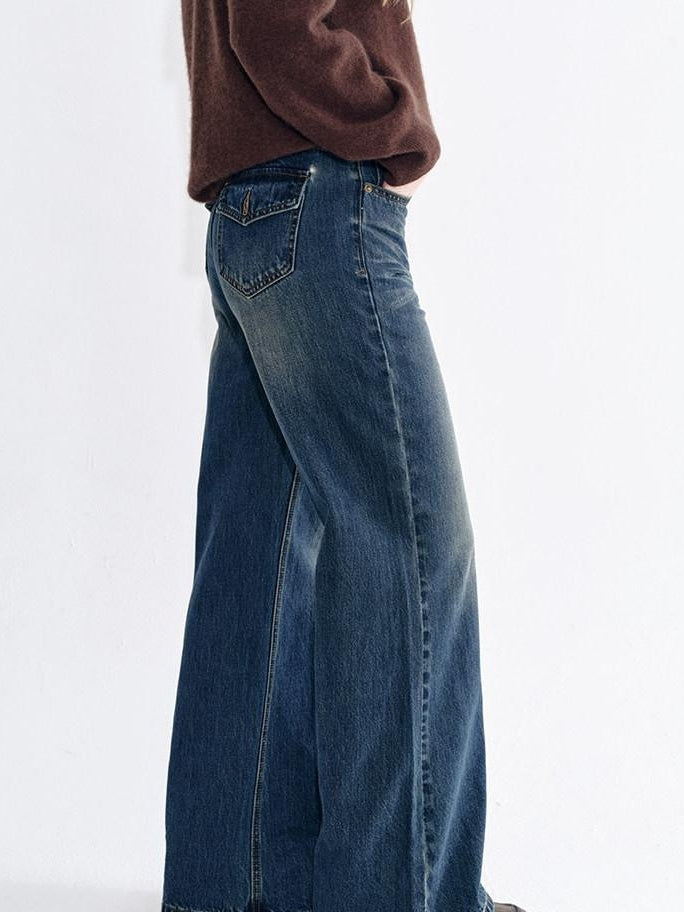 fano Breathable Cotton Wide Natural Waist Plaid Womens Straight Leg Jeans