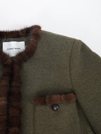 audreyyang Insulated Loose Fit Hooded Wool Blend Hidden Button Beech Green Cropped Jackets
