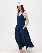 fano Cotton Spaghetti Strap A Line V-neck Office Antique Blue Maxi Dresses