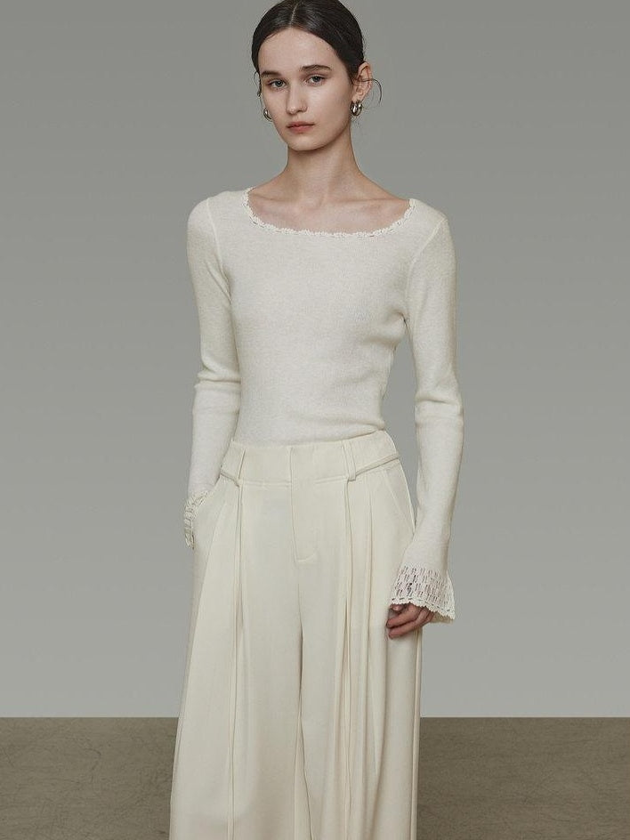 unspoken Breathable Slim Fit Lace Square Neck Women Long Sleeve Knit White Blouses