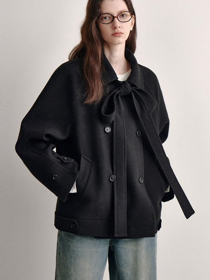 fano Elegant Double Breasted Bow Minimal Straight Fit Black Women Short Coat
