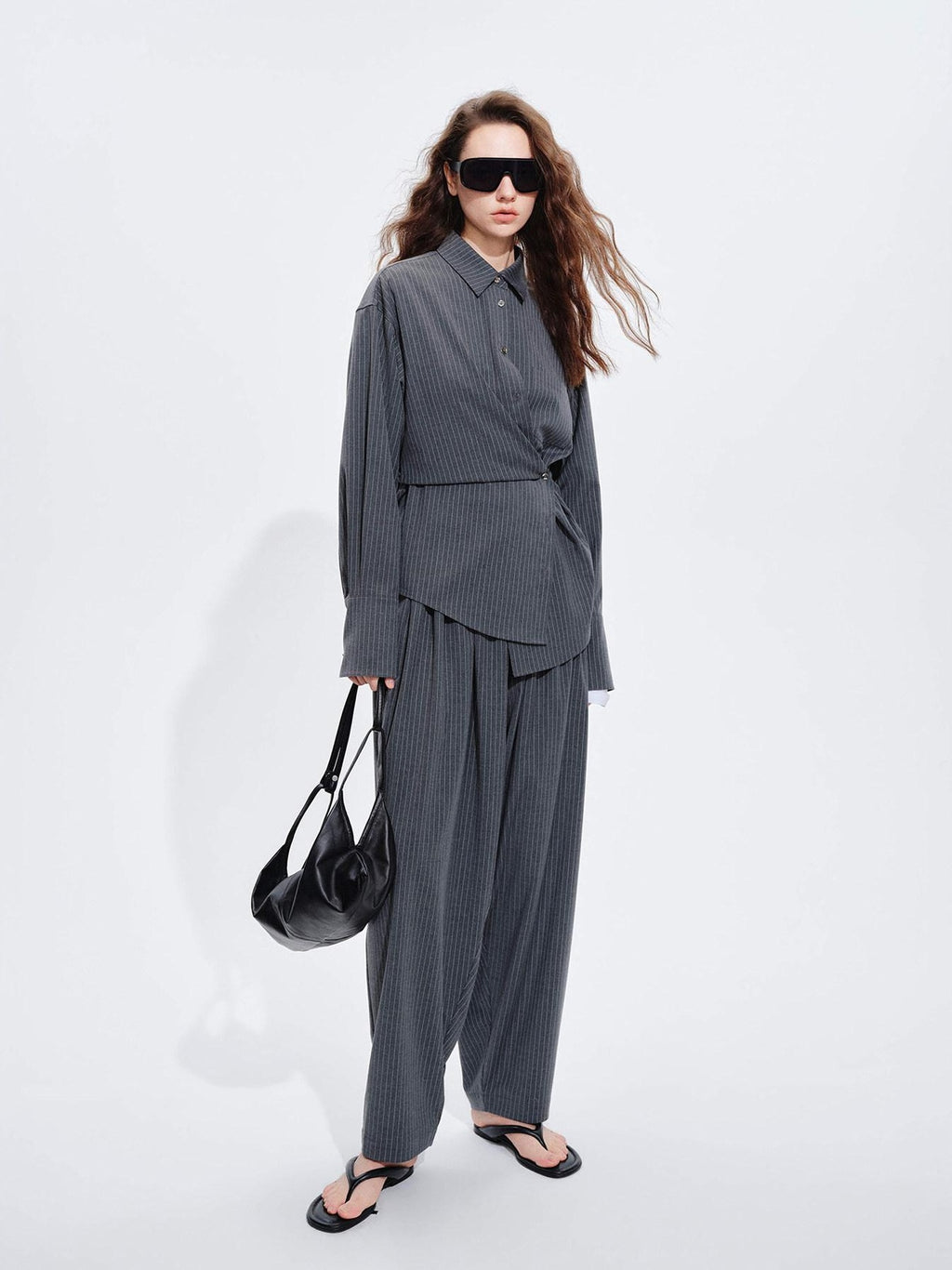 audreyyang Striped Relaxed Lapel Button Long Sleeve Casual Women Polyester Top & Pants Sets