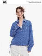 ikyou Stain Resistant Slimming Loose 3D Embroidered V-neck Workwear Plaid Blue Blouses