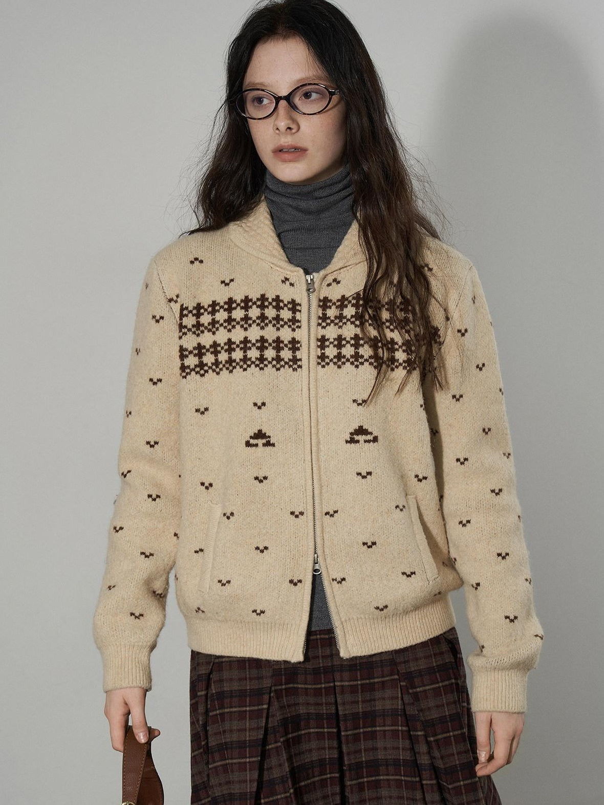 Lofi choose Cozy Thick Vintage Colorblock Loose Zip Lapel Collar Women Caramel Cardigans