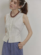 Lofi choose Slimming Lace Sleeveless French Loose Round Neck Button Women White Blouses