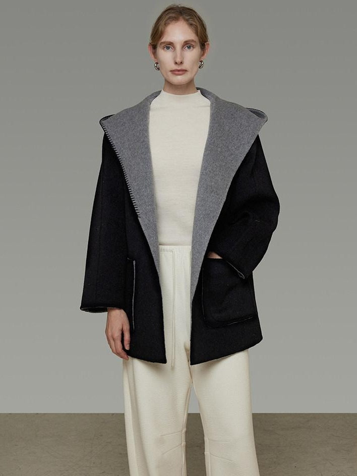 unspoken Minimal Commute Relaxed Fit Hooded Tie Waist Sculpted Cut Black Gray Wool Coats