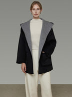 unspoken Minimal Commute Relaxed Fit Hooded Tie Waist Sculpted Cut Black Gray Wool Coats